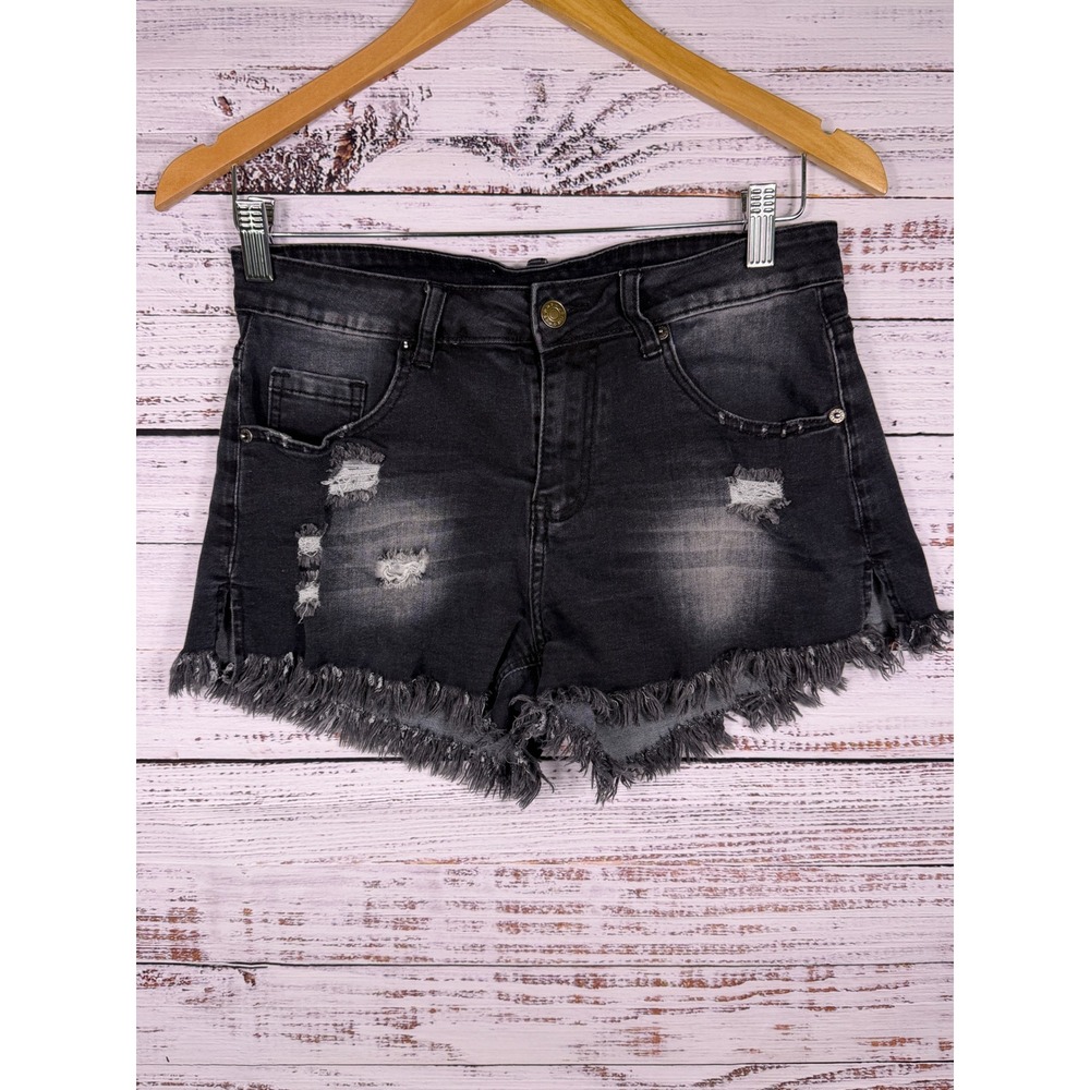 Jeans Distressed Shorts Women Size M Black Frayed Hem Ripped Denim Bikercore